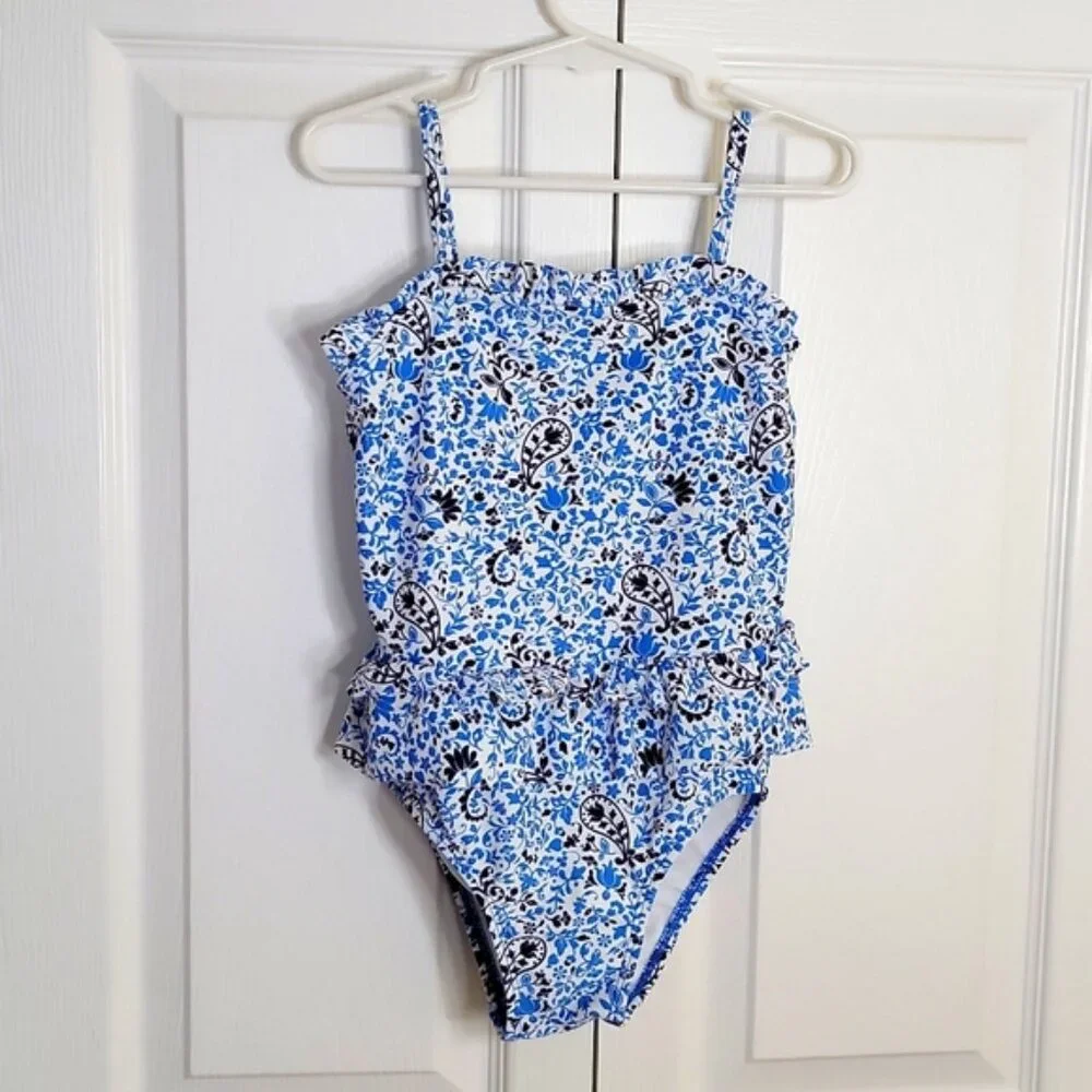 Circo Girls One Piece Swimsuit Paisley Floral Ruffle Top Blue White Size 5T